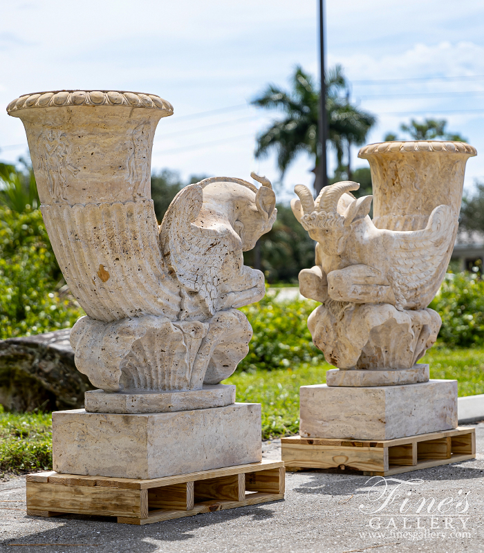 Marble Planters  - Mythical Ram Planter Pair In Classic Light Travertine - MP-343